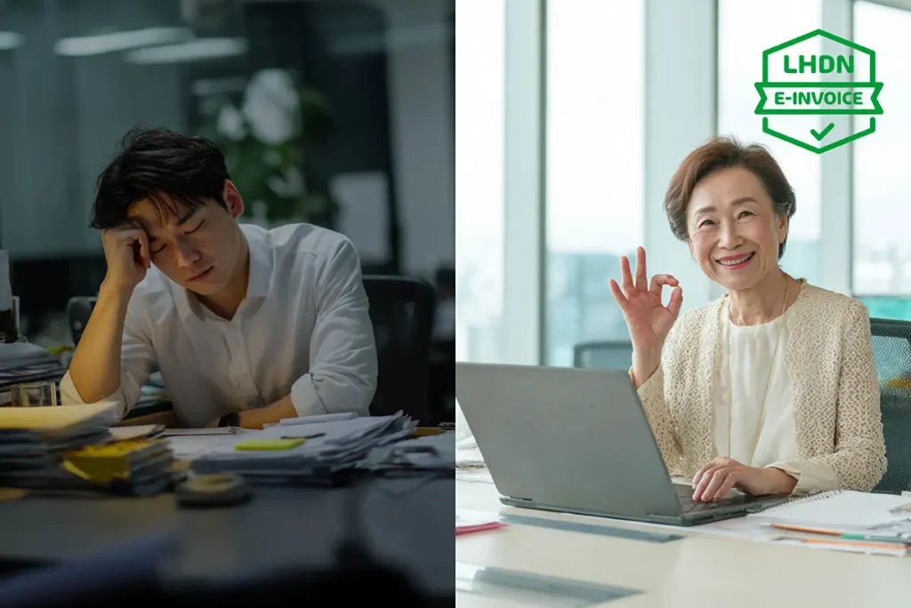 Comparison of LHDN e-Invoice submission errors versus a successfully validated e-invoice with QR code in Malaysia