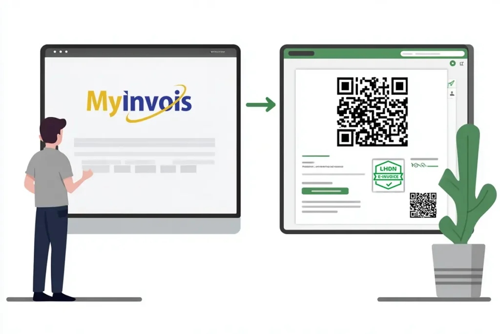 Malaysia’s MyInvois portal dashboard and a validated e-Invoice with QR code after LHDN approval